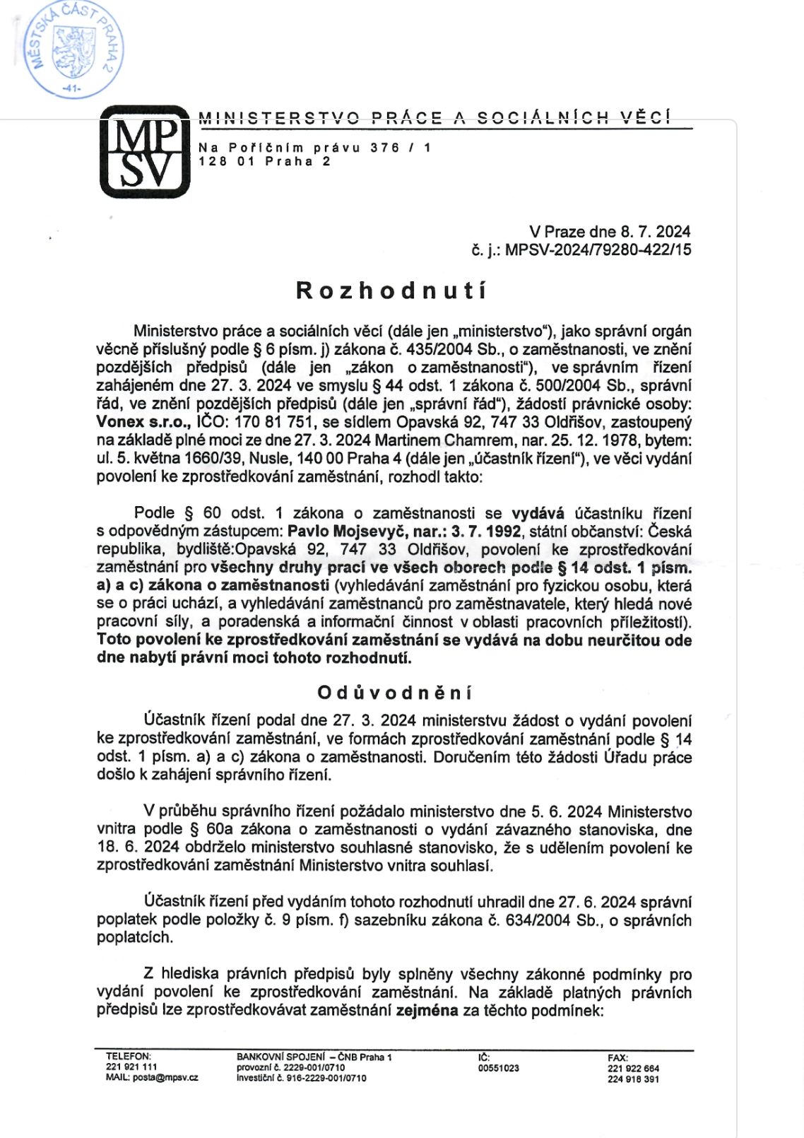 VONEX MPSV rozhodnutí